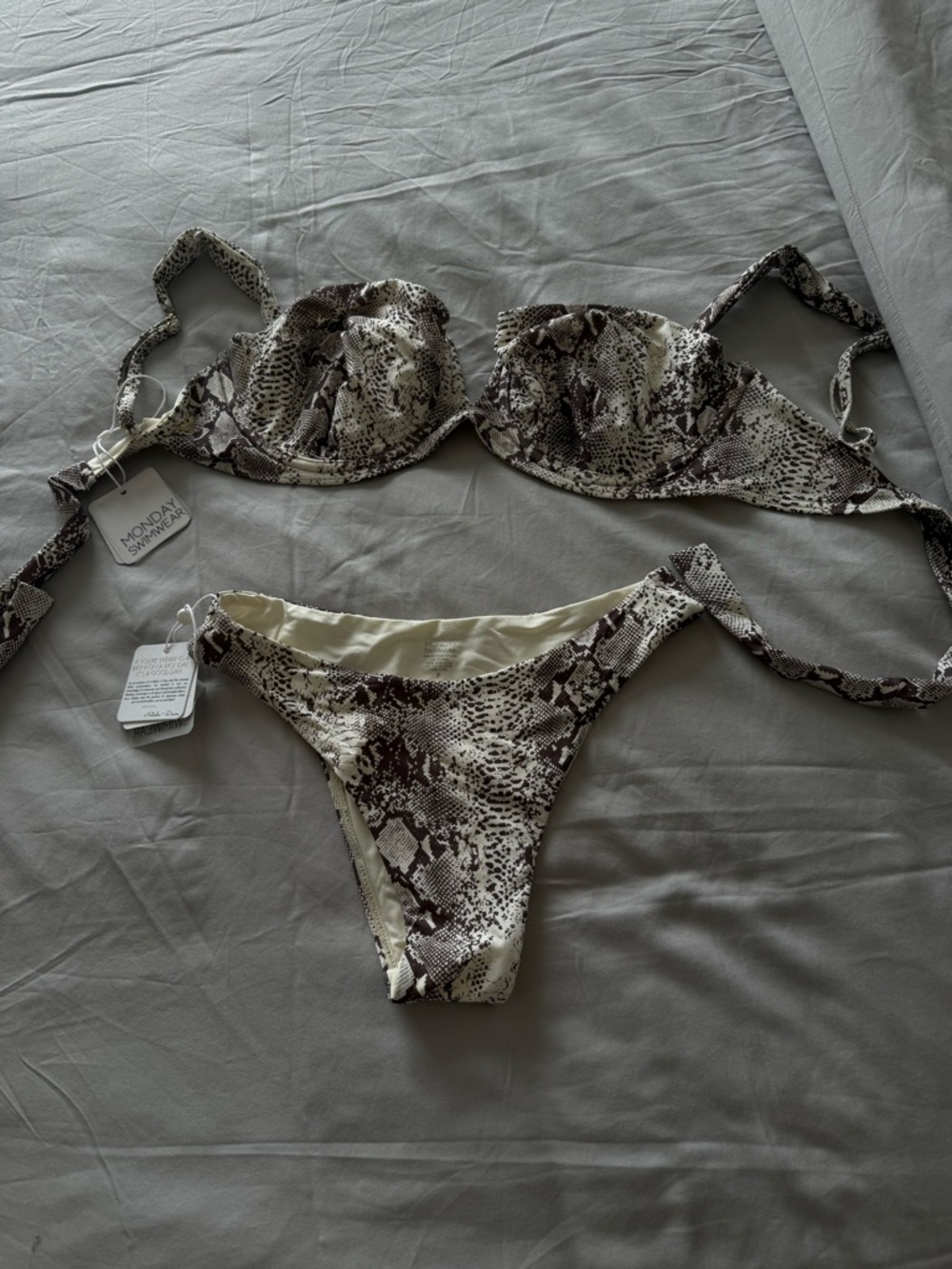 Monday Swimwear Snake Print Bikini Set in Brown and Cream